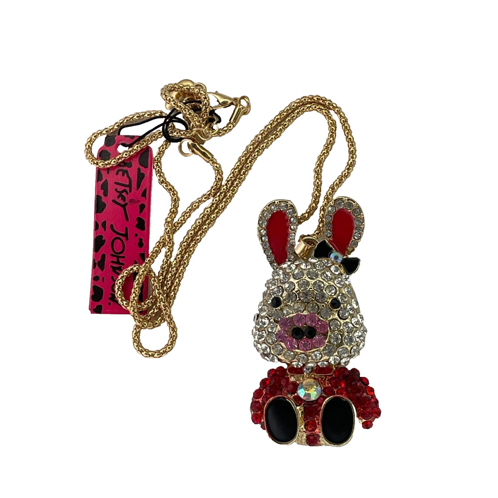 Betsey Johnson Rhinestone Pig Pendant Necklace Gold Tone Crystal Cute Kitsch
